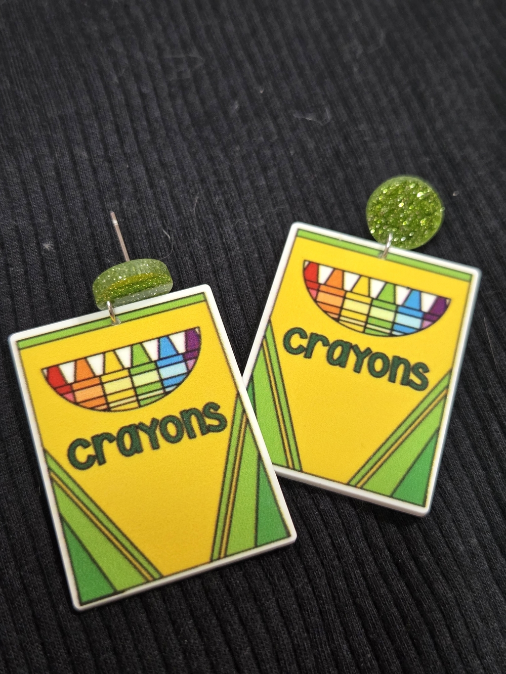 Yellow Crayons Box Dangle Earrings with Green Glitter Posts